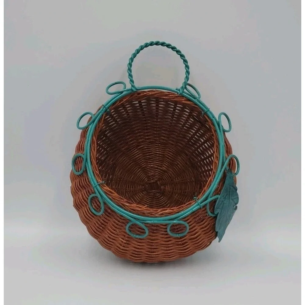 Decorative‎ Hanging Wicker Basket with Green Metal Wire Cottagecore